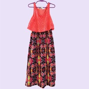 Orange and Multi-Color  Maxi Dress | Lace Top | Sleeveless | Girls Size 7